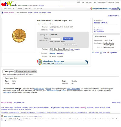 dolcepeccato10 eBay Listing Using our 2008 Canadian One Ounce Gold Maple Leaf Reverse Photograph